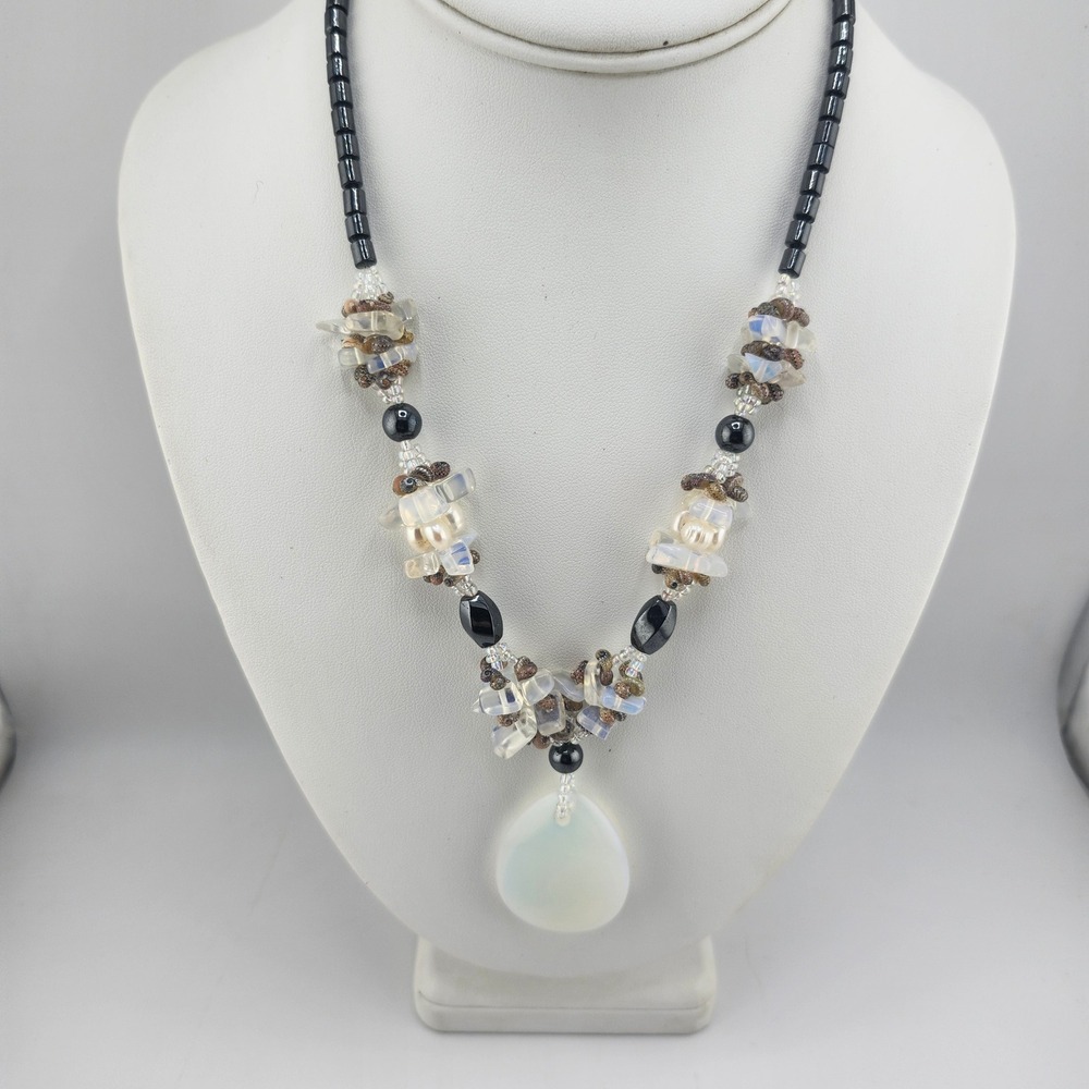 Handmade Beaded Necklace with‎ Opalite Teardrop Pendant, Magnetic Clasp